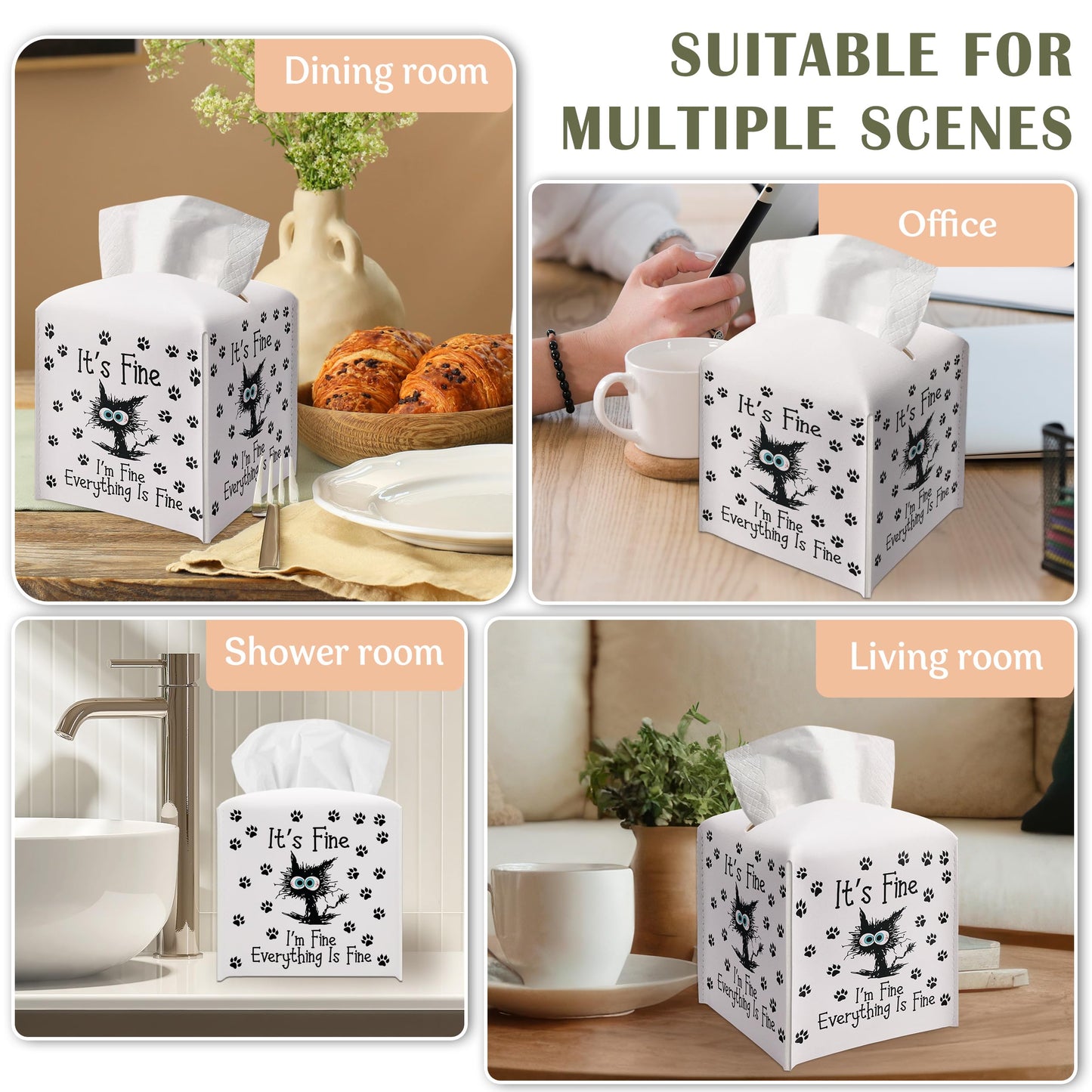 Little Cat Tissue Box Cover Square, Leather Tissue Box Cover Holder with Belt Bottom, Inspirational Quote Gift Ideas for Friends, It's Fine Desk Decor for Bathroom Office-(5.2 Inches) A31