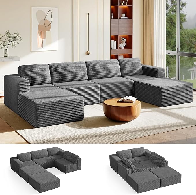 Vesgantti 159" Large Modular Sectional Sofa, U-Shaped Corduroy Cloud Couch