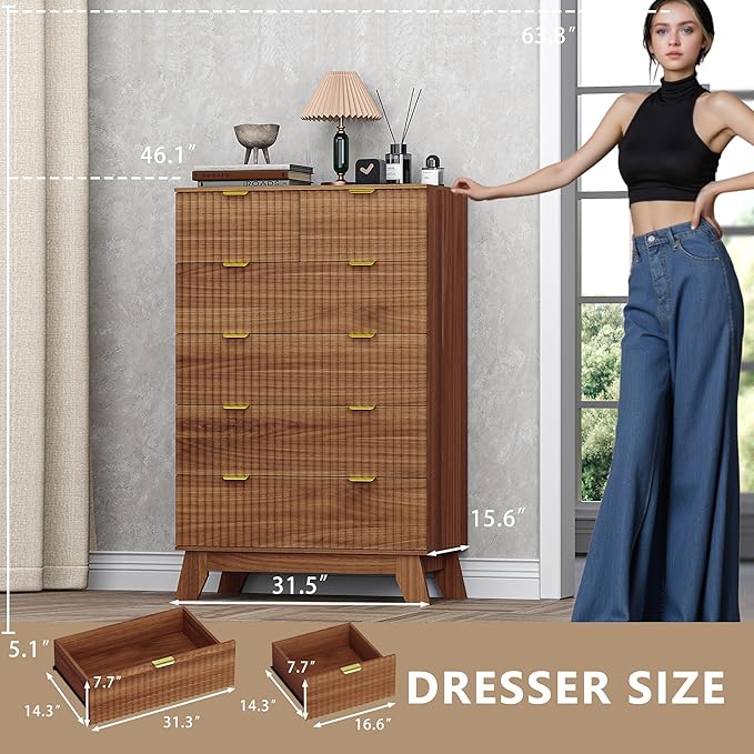 BORNOON 46" Tall Dresser for Bedroom, 6-Drawer Fluted Chest of Drawers