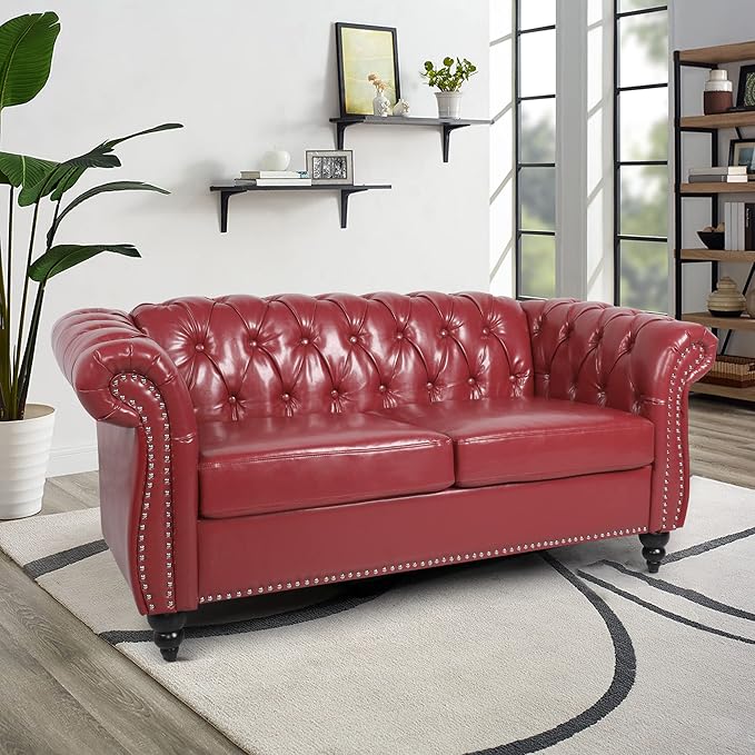 LEVNARY Leather Sofa, Chesterfield Tufted Upholstered 2 Seater Couch, Modern