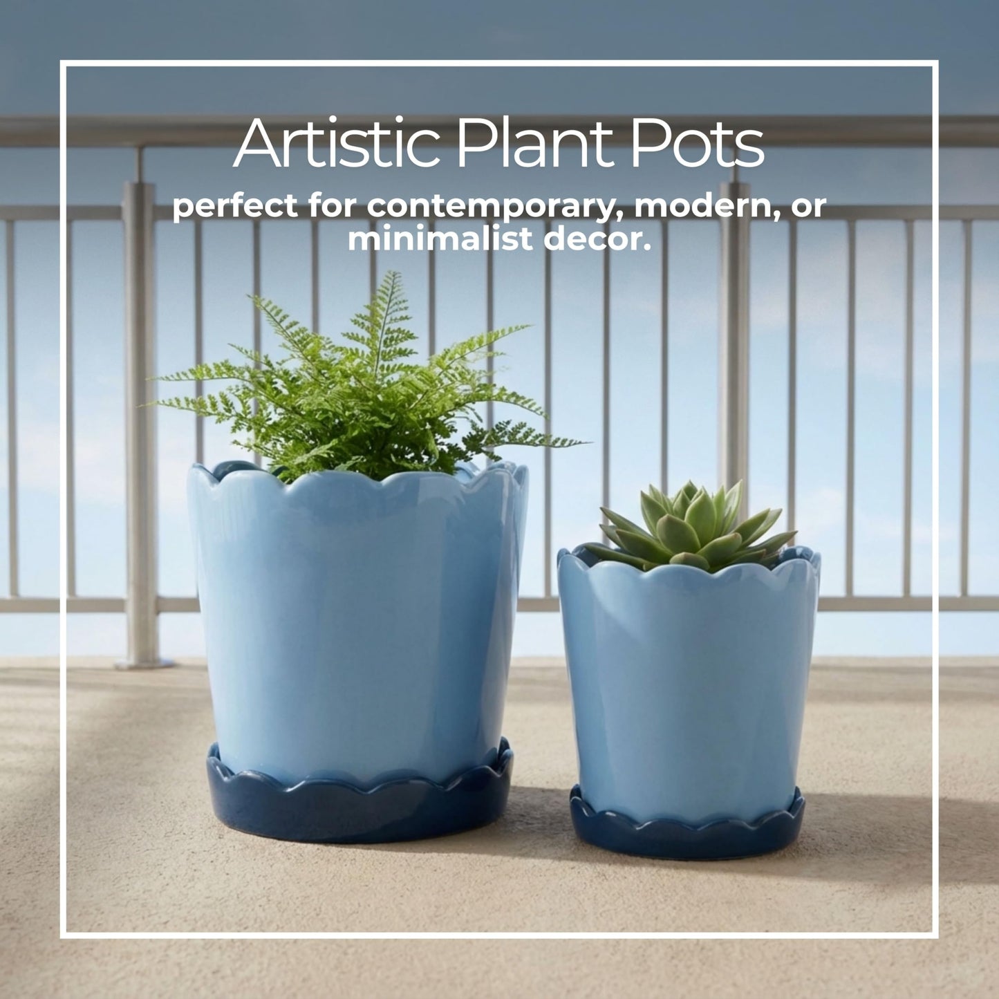 Modern Ceramic Flower Pots for Home Decor Accent - Scalloped Edge Planters and Pots for Plants with Glazed Design - Glossy Planters for Indoor and Outdoor Display - Set of 2, 8", 7", Blue