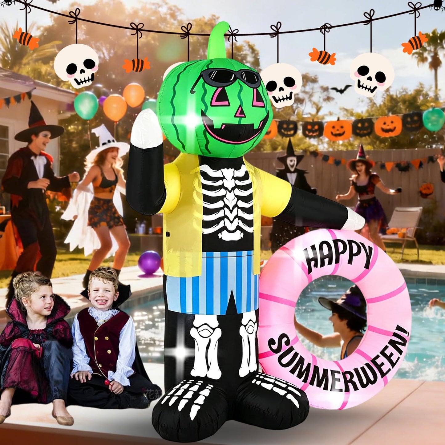 InfleasJoiy 6FT Watermelon Zombie Holding Flower Wreath, Summer Halloween Outdoor Inflatable Decoration with Built-in LED Lights. Suitable for Indoor, Outdoor, and Lawn Parties.