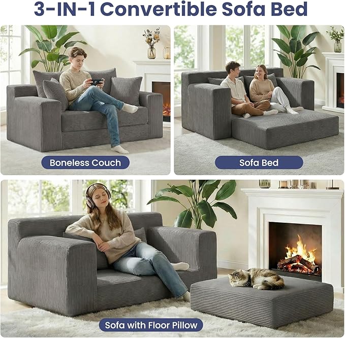 3-in-1 Convertible Sofa Bed, Boneless Loveseat Sleeper & Folding Couch Bed