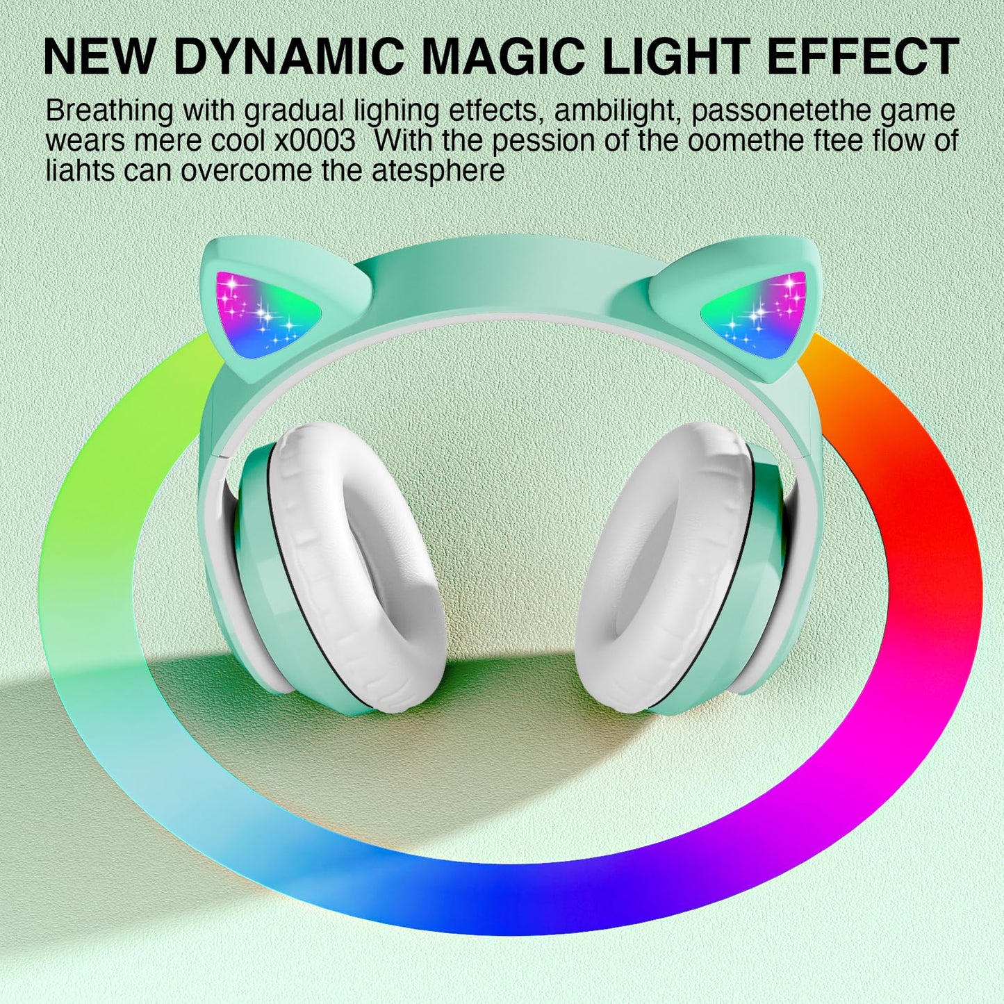 KERHAND Bluetooth Headphones for Kids, Cute Ear Cat Ear LED Light Up Foldable Headphones Stereo Over Ear with Microphone/TF Card Wireless Headphone for iPhone/iPad/Smartphone/Laptop/PC/TV (Green)