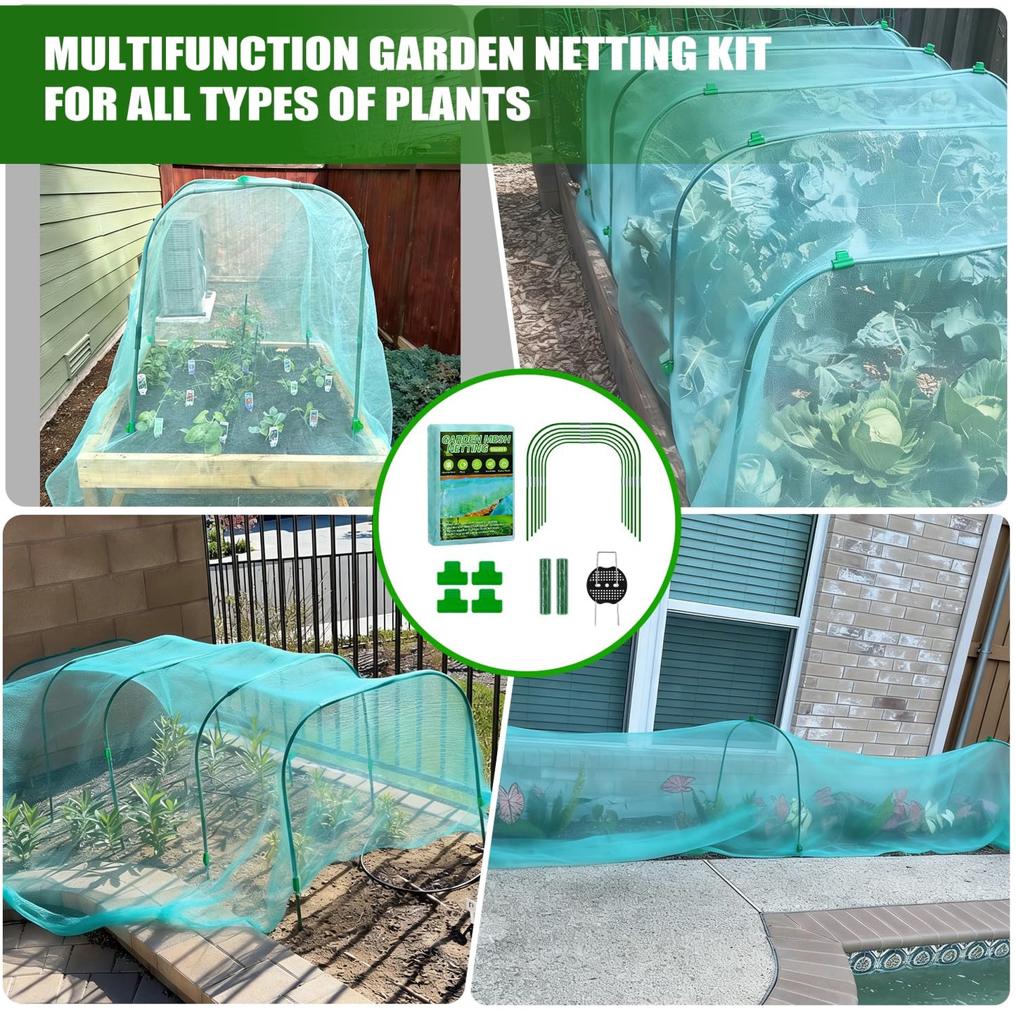 Garden Mesh Netting Kit, 10x30FT Green Ultra Fine Netting with 6 Sets Wide Garden Hoops & 18 Clips, Raised Garden Bed Netting with Frame, Row Cover, Plant Barrier for Vegetables Fruits