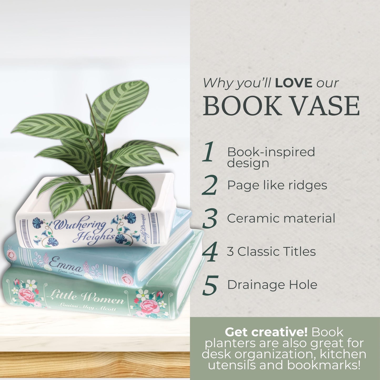 Steel Mill & Co Small Book-Shaped Decorative Ceramic Planter for Home Decor, Bookshelf, Classic Titles Bookstack, 5" x 7" x 3.75"