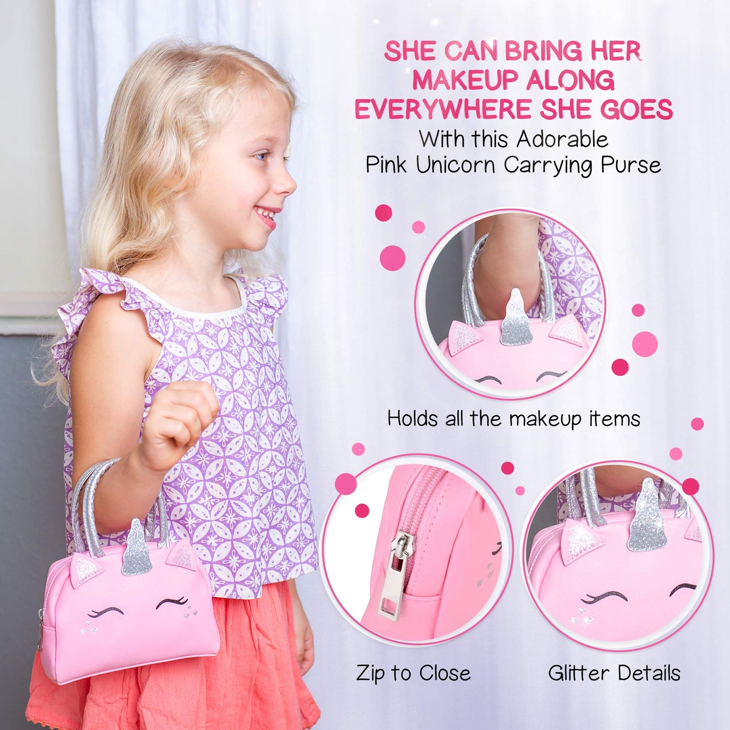 Kids Real Makeup Kit for Girls with Pink Unicorn Purse, Non Toxic Washable Make Up - Unicorn Toys for Toddler & Birthday Gifts for Girl Ages 3 4 5 6 7 8 9 10 Years Old - Pretend Play Vanity Set