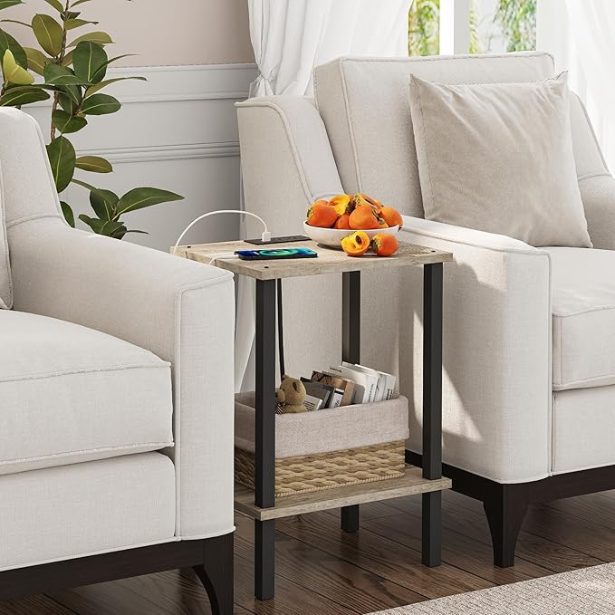 TUTOTAK End Table with Charging Station, Small Side Table, Nightstand Bedside