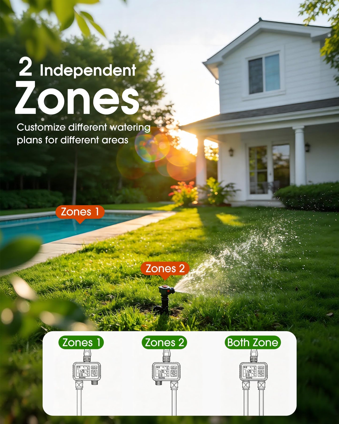 Insoma Water Timer with Brass Inlet & Outlet, 2 Independent Zones Outdoor Hose Timer for Garden Faucet with Auto/Manual/Rain Delay Mode, Sprinkler Irrigation Controller for Yard Lawn