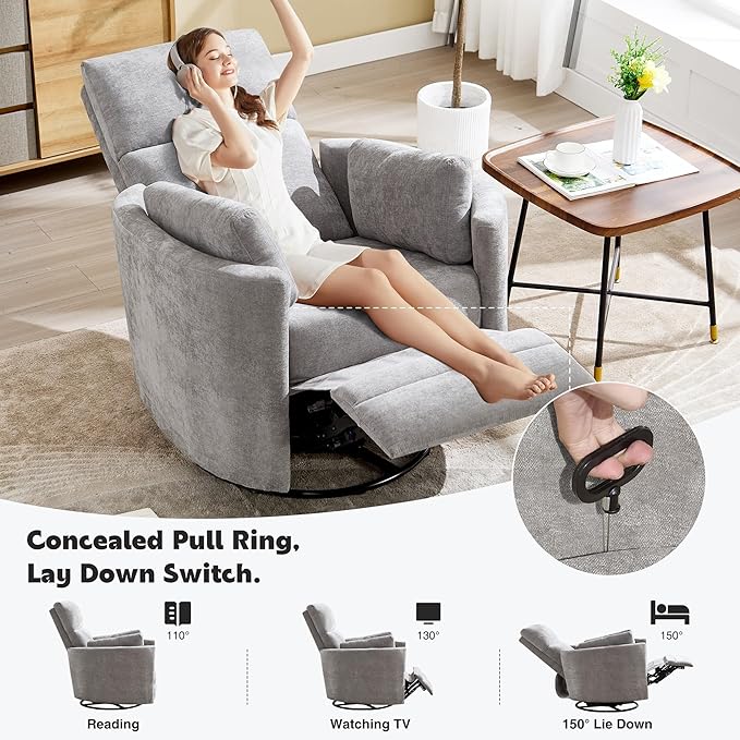 Manual Recliner 360°Swivel Glider Rocking Chair, Upholstered Nursery Adult