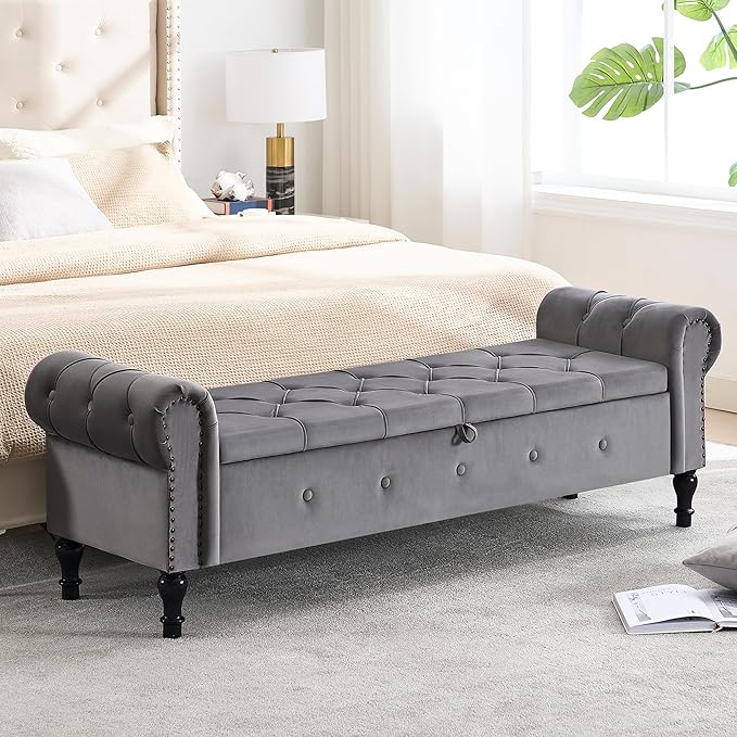 67" Storage Bench for Bedroom, Velvet End of Bed Bench, King Size Bench