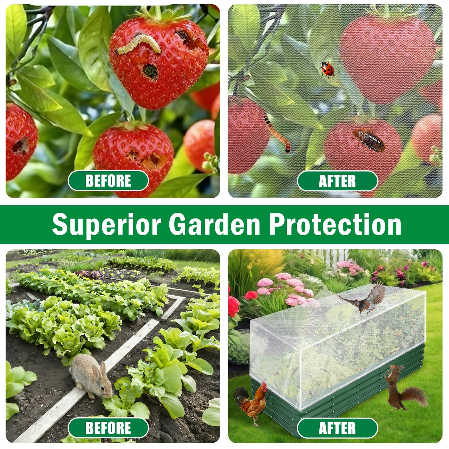 2PCS Garden Netting for Raised Beds, 4.8 X 2.2FT Garden Raised Bed Cover with Drawstring, Plant Netting for Garden Protection, Insect Bird Pest Barrier for Vegetables Fruits Flowers Crops