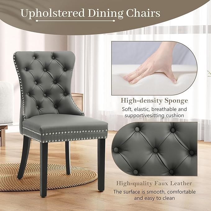 KCC Faux Leather Dining Chairs Set of 4, Upholstered High-end Tufted Dining