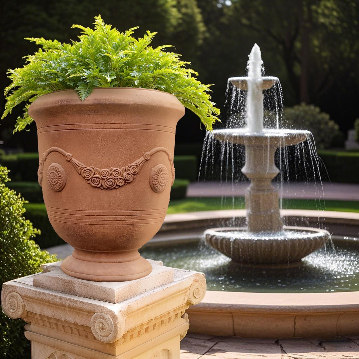 Worth Garden Large Urn Planter - 14" Dia x 16.5" H Lightweight Magnesium Oxide Plant Pot with Cement Texture - Rust-Like Finish Concrete Urn Planter with Drainage Hole for Indoor & Outdoor Decor