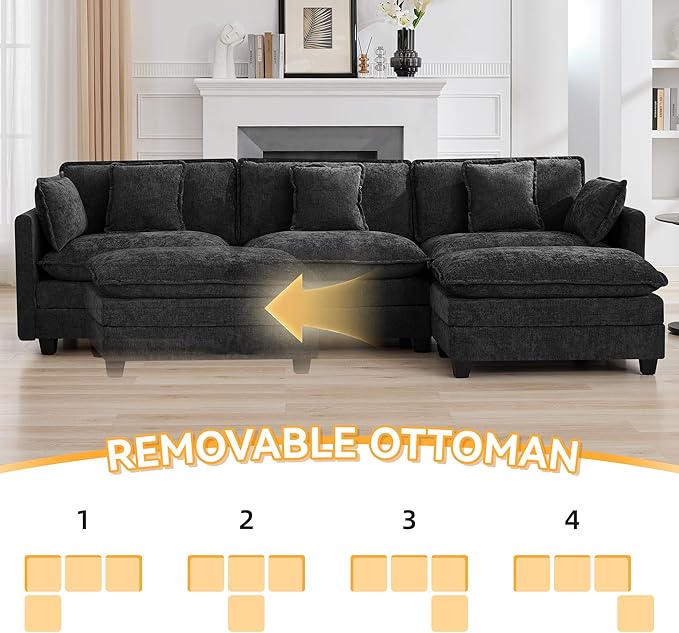 111'' Sectional Cloud Deep Seat Couch, Modern Comfy Chenille L Shaped Sectional