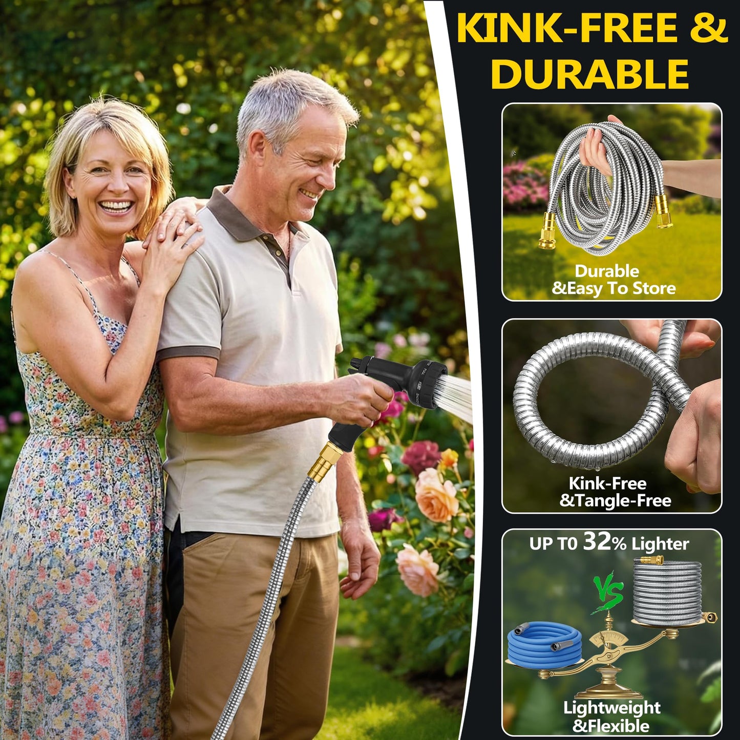 200 ft Stainless Steel Garden Hose - 2026 New Technology Metal Water Garden Hoses with 3/4" Solid Fitting - Lightweight,Ultra Flexible,Durable,Kink-Less Watering Pipes Garden Hoses For Yard, Outdoor