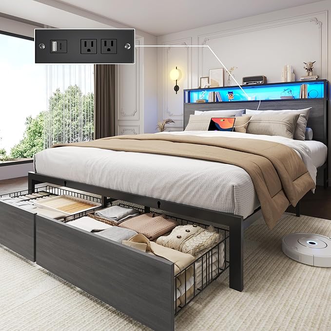 Lifezone Queen Bed Frame with 2-Tier Storage Headboard, Bedroom Metal Bed Frame