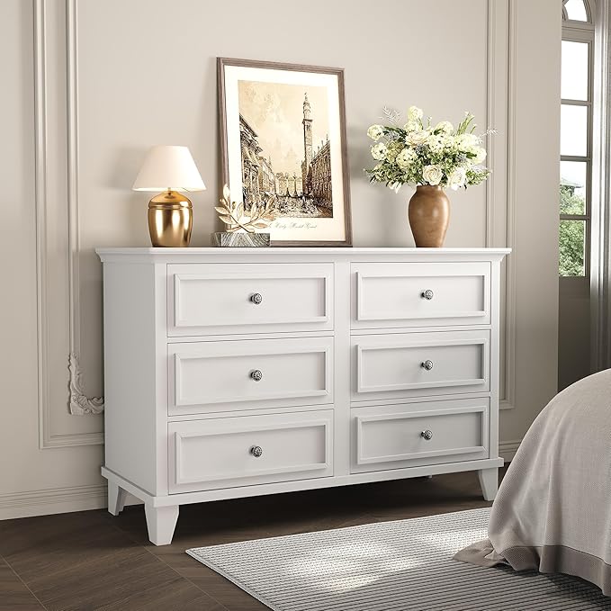 IDEALHOUSE 6 Drawer Dresser, Wooden Storage Chest of Drawers