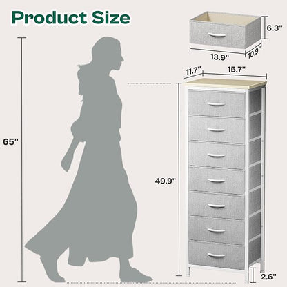 Huuger Tall Dresser for Bedroom, 7 Drawer Dresser & Chests of Drawers, Fabric Drawer for Closet, Bedroom, Night Stand, Metal Frame, Storage Tower with Fabric Bins, Grey