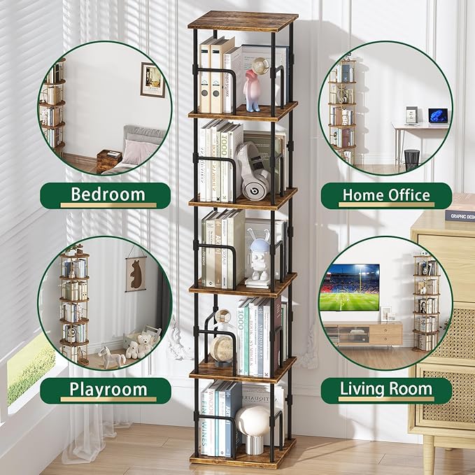 5-Tier Rotating Bookshelf, Freestanding Corner Bookshelf, 360° Spinning