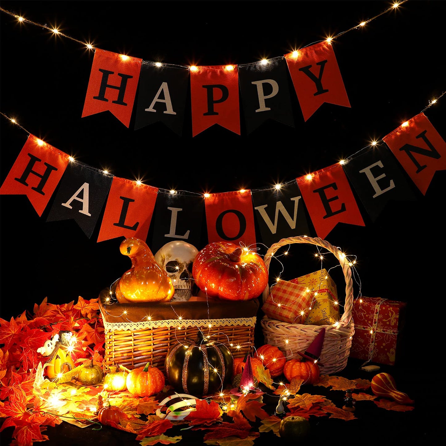 Happy Halloween Decoration Fabric Banner with String Light for Fireplace - Black & Orange Halloween Flag Party Mantel Hanging Decoration Supplies