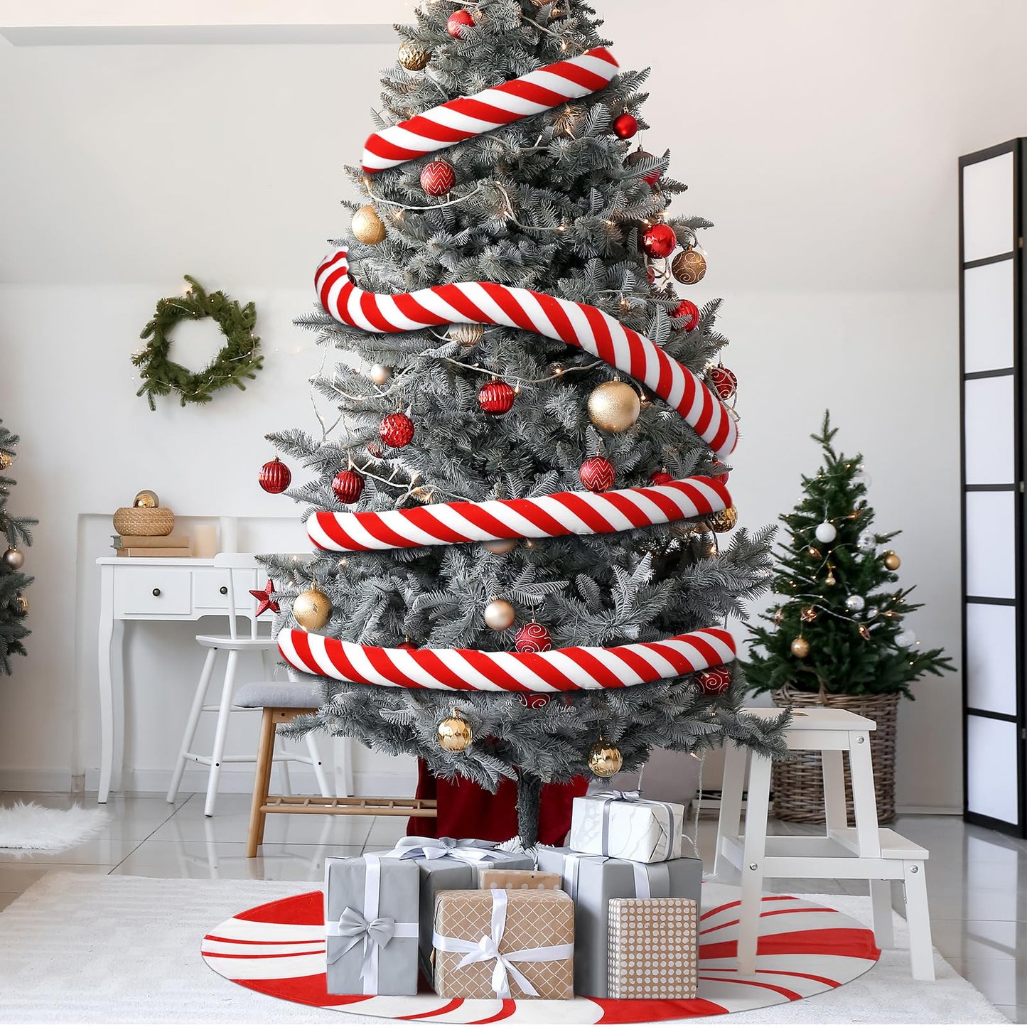 RoundFunny 9.84 ft Christmas Candy Cane Garland with 30 Inch Red Swirl Tree Skirt Red and White Christmas Ornaments Sweet Peppermint Tree Skirt Home Decoration for Xmas Holiday Party Supplies