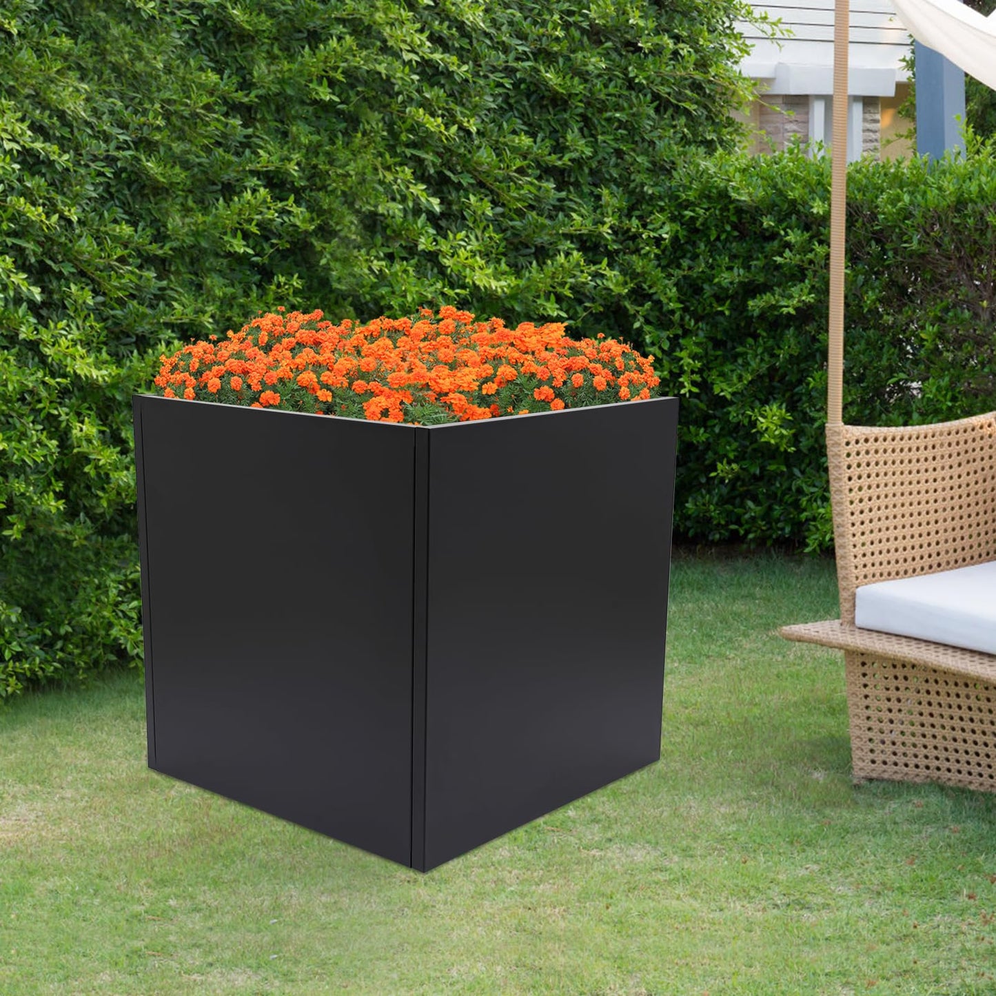 JJIESHENG Square Metal Planter Box, Galvanized Steel Planters Box, 26" L x 26" W x 26" H Large Black Planters Outdoor Cube Heavy Duty Flower Pot with Drainage Hole for Patio, Yard, Garden