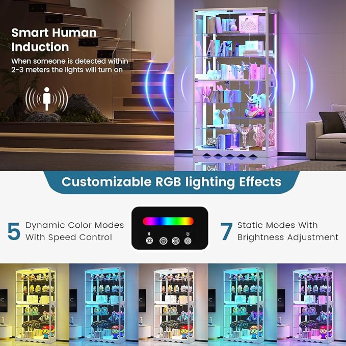 Large Display Cabinet with Glass Doors, 8-Tier RGB Curio Cabinet with Smart