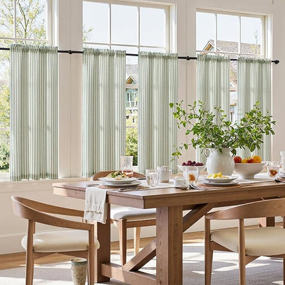 jinchan Striped Linen Kitchen Curtains 45 Inches Length Tier Curtains Farmhouse Modern Cafe Style Small Window Treatments Airy Light Filtering Rod Pocket for Living Room Bathroom 2 Panels Sage Green