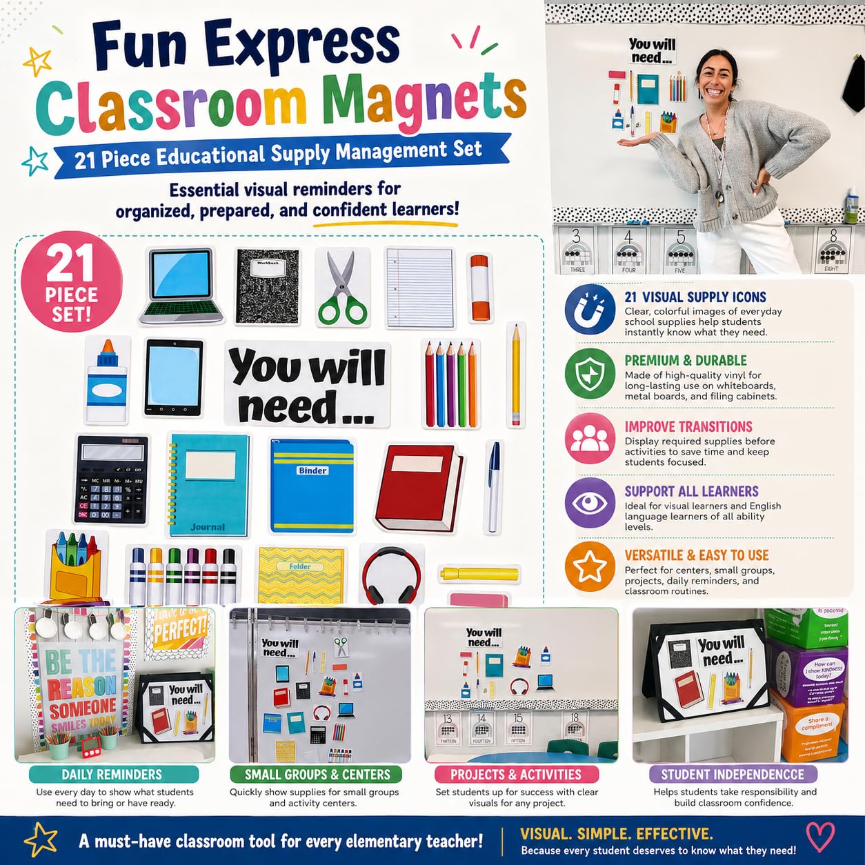 Fun Express Classroom Magnets for Whiteboard - 21 Piece Educational Supply Management Set for Elementary Teachers | Magnetic School Supplies with Visual Icons Student Organization Learning Activities
