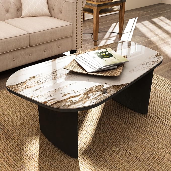 Luxury Marble Coffee Table, Premium Sintered Stone Top, Natural Wood Look Base