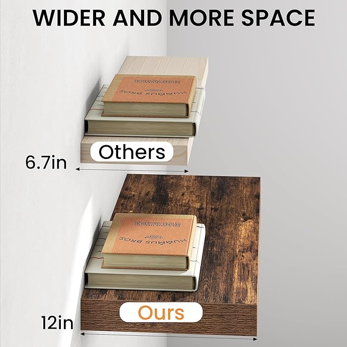 Fun Memories 12 Inch Deep Floating Shelf, 24 x 12 Rustic Wood Wall Shelf