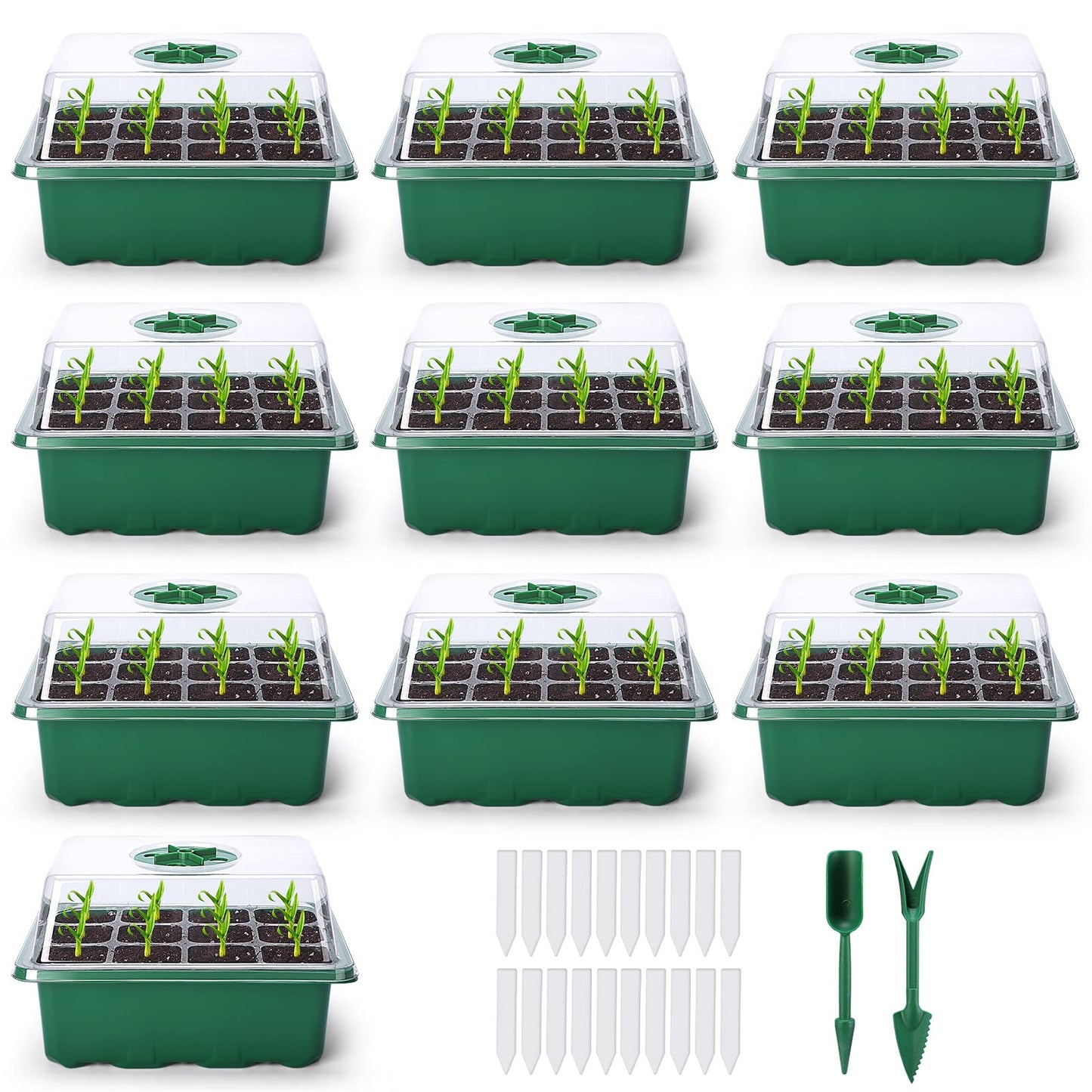 Delxo 10-Pack Seed Starter Kit Seedling Starter Tray (12 Cells) Humidity Adjustable Plant Germination Kit Garden Seed Starting Tray with Dome and Green Base Plus Plant Tags Hand Tool Kit