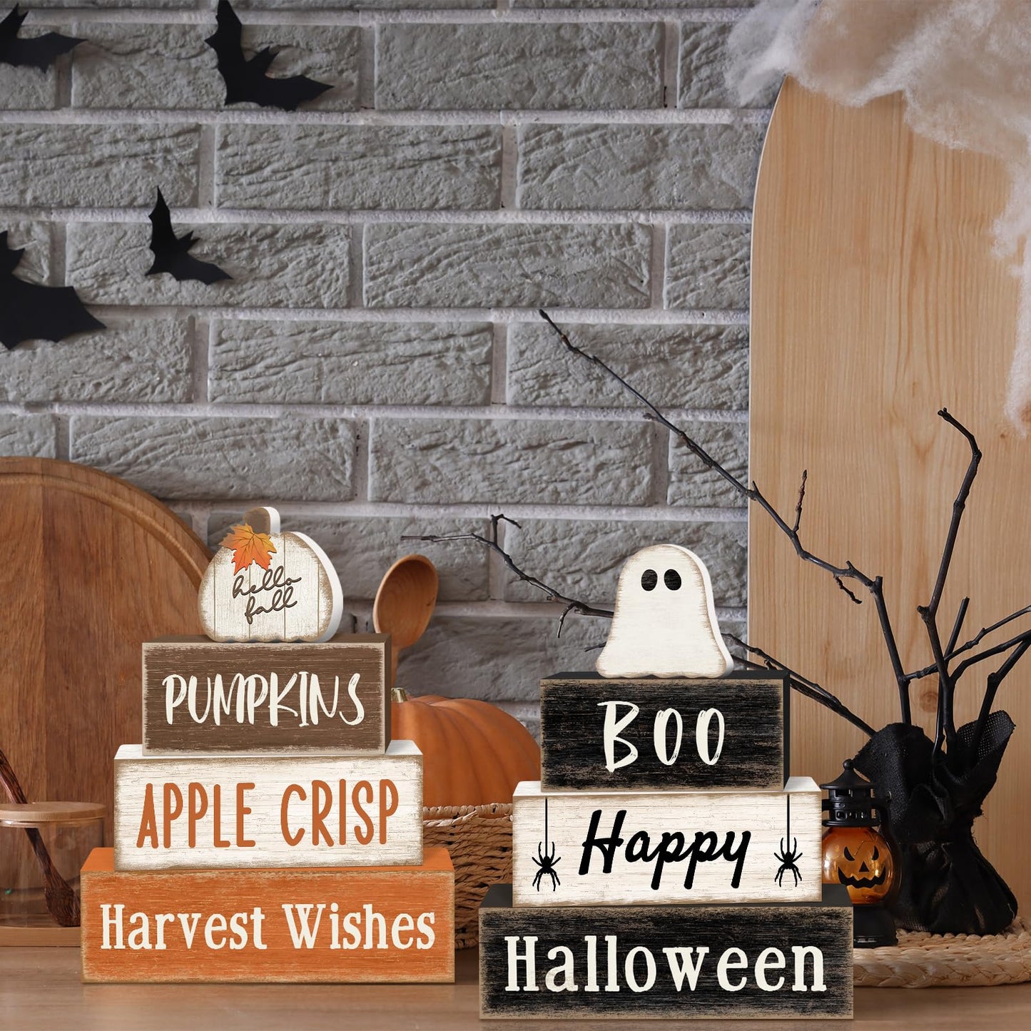 8Pcs Fall and Halloween Decor Wooden Ghost Pumpkin Table Decorations, Halloween Fall Tiered Tray Decor Rustic Cute Ghost Pumpkin Stack Signs Tabletop Centerpieces for Home Office Kitchen Shelf