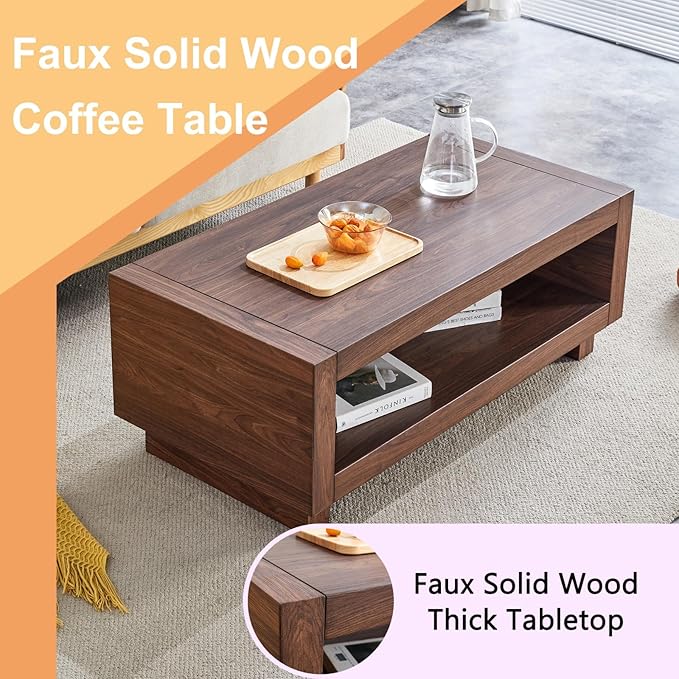 Walnut Mid-Century Coffee Table, 47.2" W×23.6" D×18" H，Rectangular MDF Storage