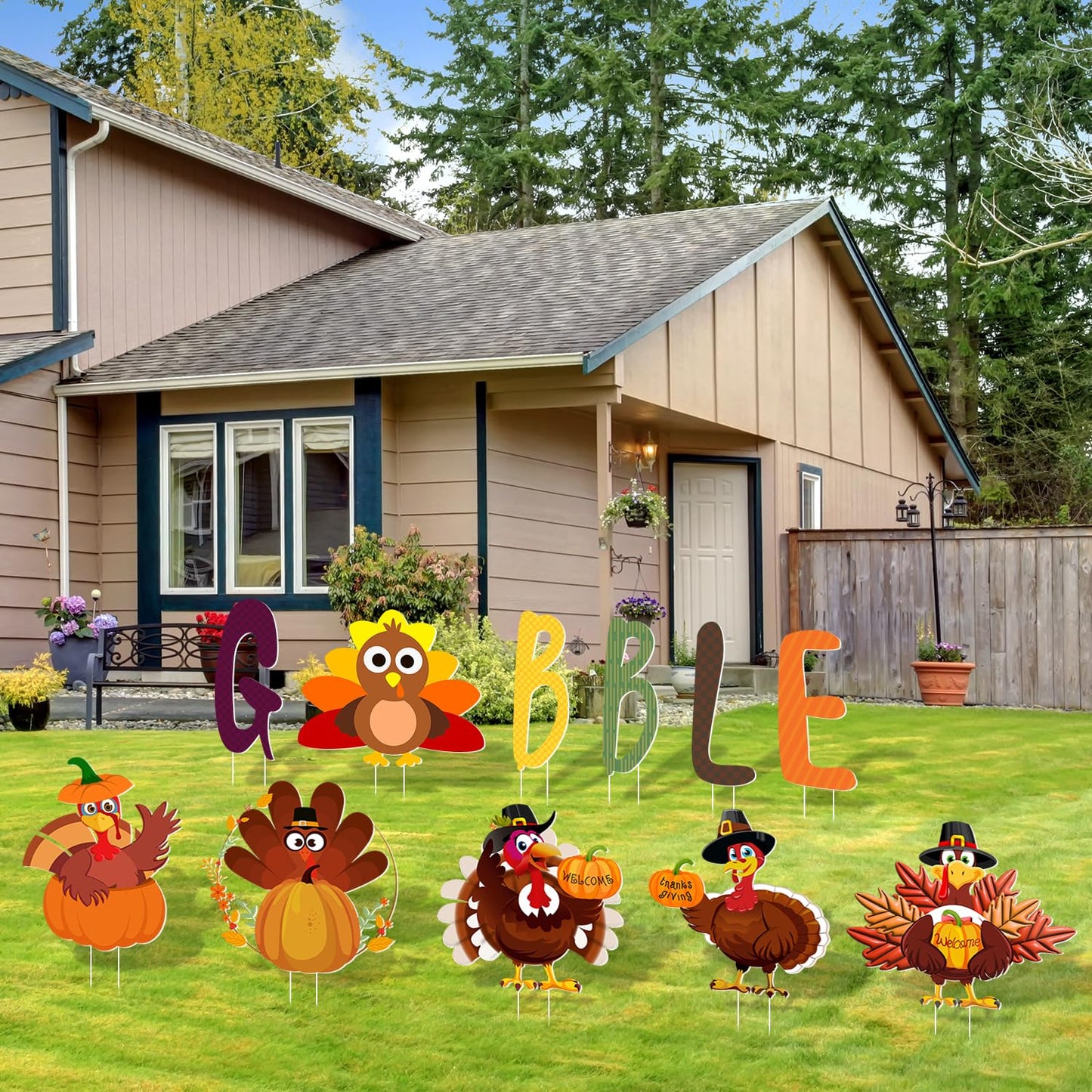 Quera 11 Pcs Thanksgiving Yard Signs Gobble Turkey Outdoor Lawn Thanksgiving Decorations Outside Decoration Pumpkins Yard Stakes for Fall Party