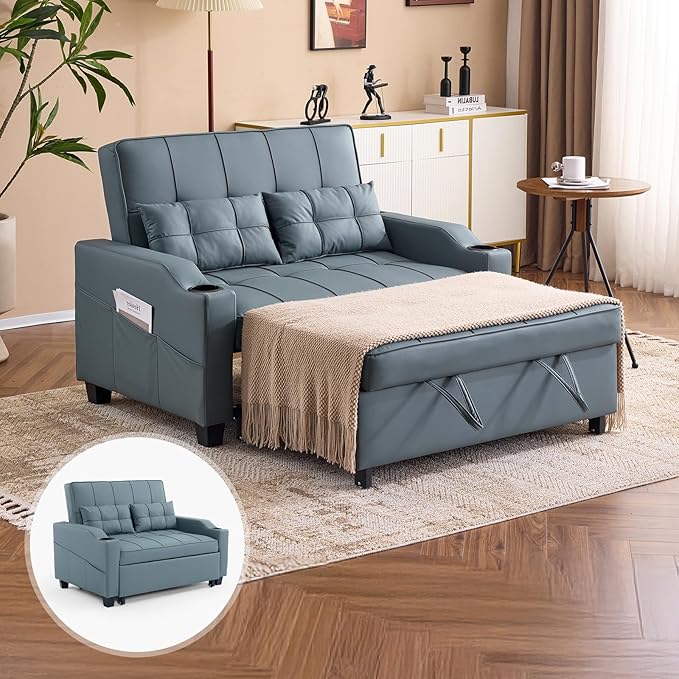 VINGLI Blue Grey Futon Sofa Bed Convertible Loveseat Sleeper Couch, Faux