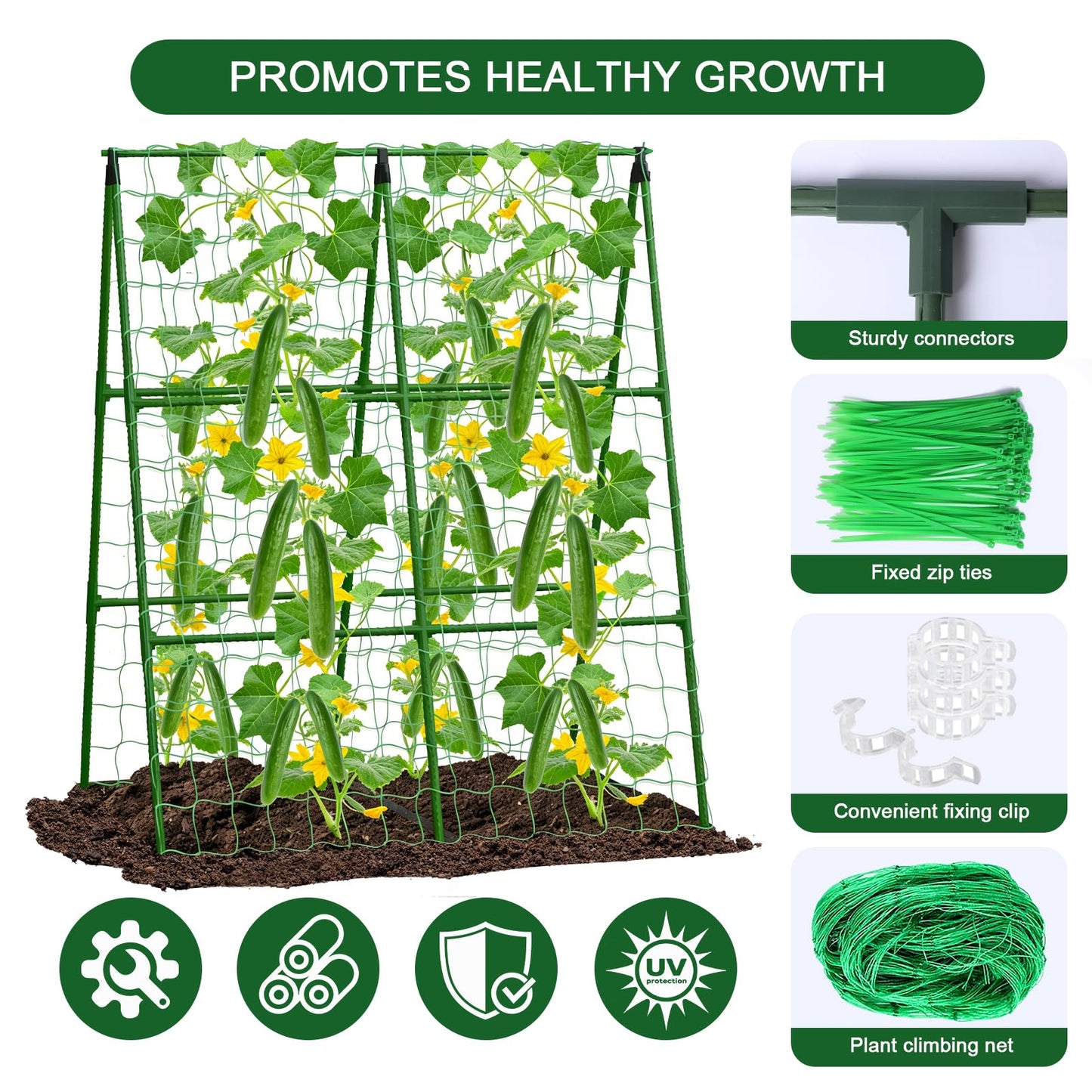 2-Pack A-Frame Cucumber Trellis for Raised Bed - 33"x47" Foldable Garden Trellis with Net & Clips|Space-Saving Metal Plant Support for Cucumber, Tomato, Peas|Rust-Proof Outdoor Climbing Plants Trellis