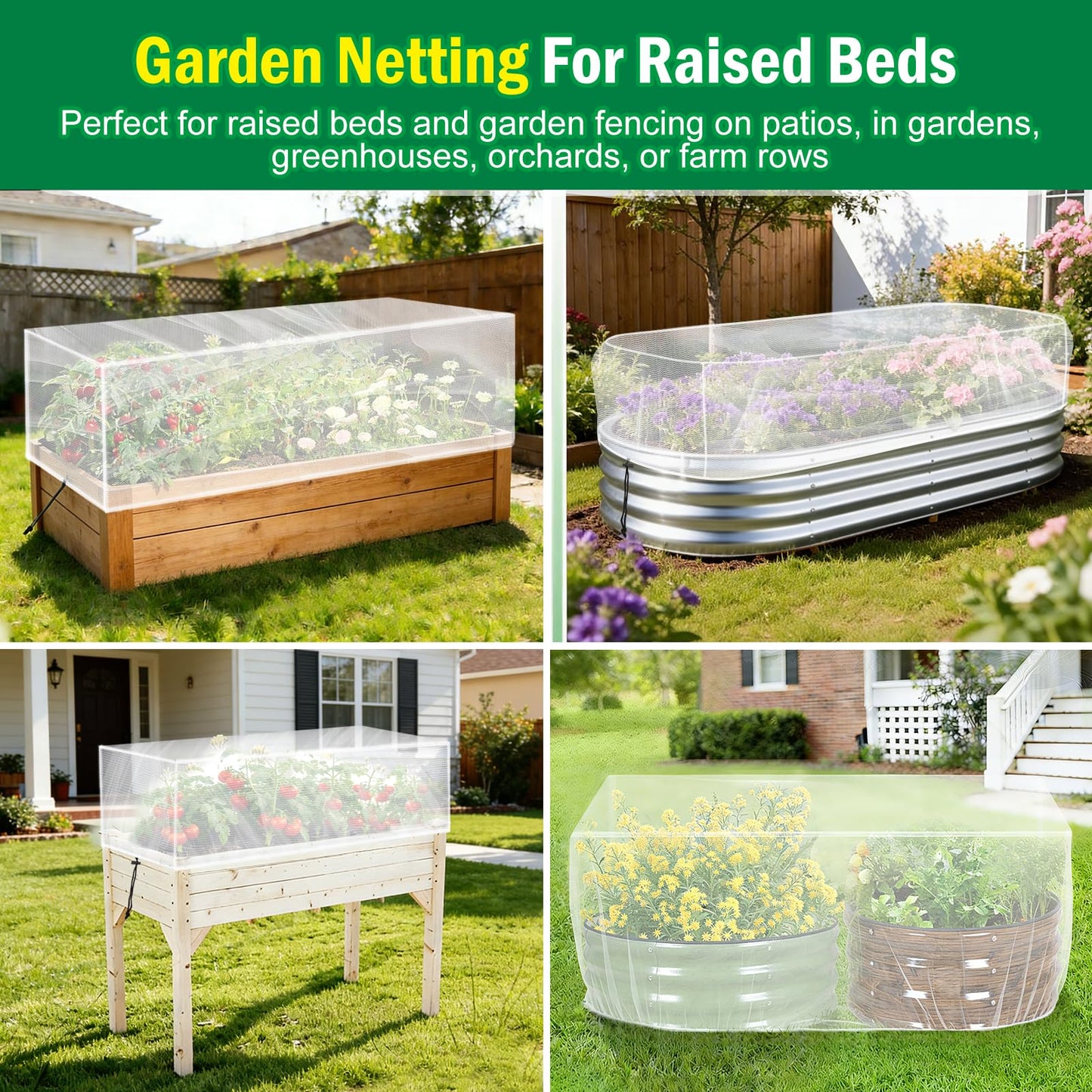 2PCS Garden Netting for Raised Beds, 4.8 X 2.2FT Garden Raised Bed Cover with Drawstring, Plant Netting for Garden Protection, Insect Bird Pest Barrier for Vegetables Fruits Flowers Crops