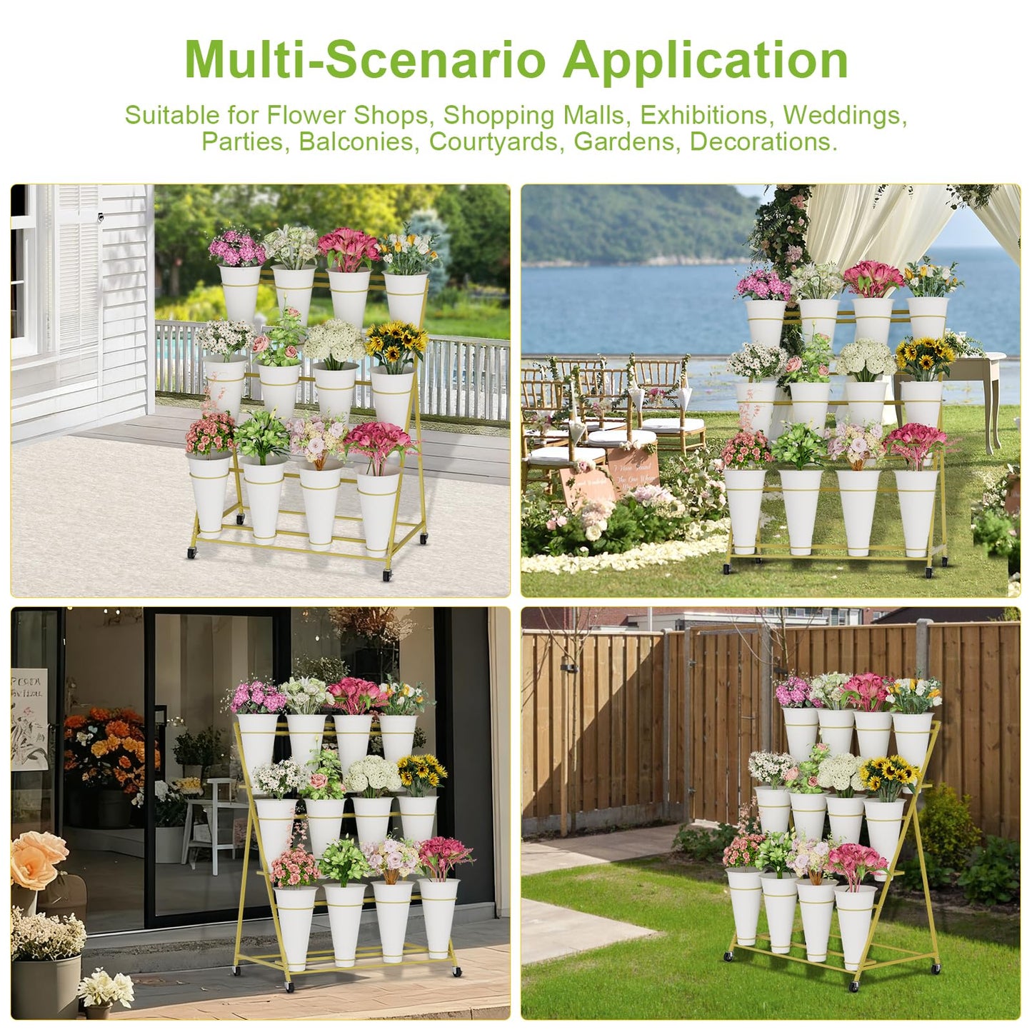 NEYCIL Flower Stand, 3 Tier Flower Display Stand with 12 Buckets, Upgrade Double Circle No Shaking, Outdoor Flower Cart with Wheels for Patio, Garden, Shop, Wedding, Party, Exhibition, Indoor, Gold