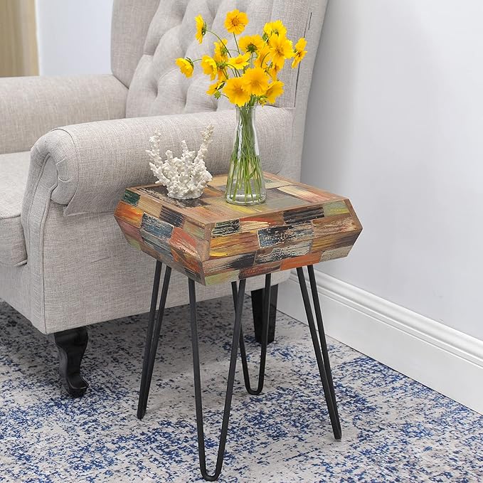 Multicolor Square Wood Drum Side Table 14" x 14" x 20" H Reclaimed Wooden
