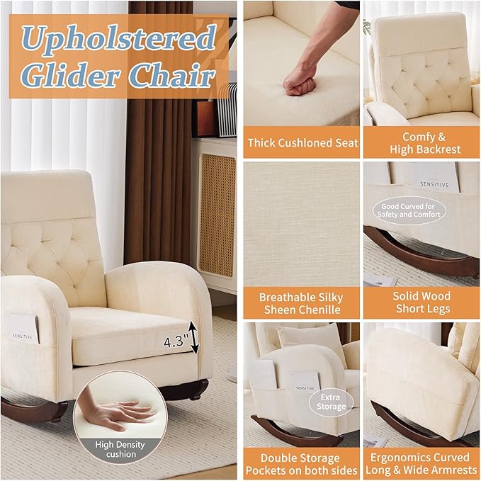 VINGLI Chenille Low Seat Rocking Chair, Upholstered Nursery Glider Chair