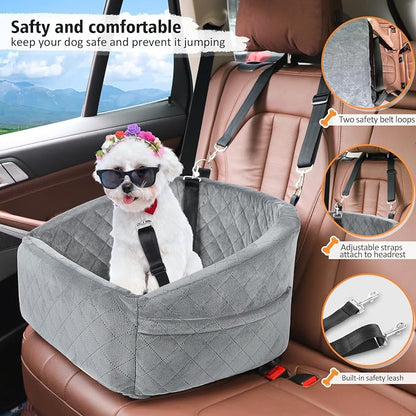 NEEZUKAR Dog Car Seat for Small Dogs,Detachable Washable Dog Booster Seat for Medium Dogs Under 30lbs, Pet Car Seat Travel Bed with Storage Pockets and Dog Safety Belt (Grey)