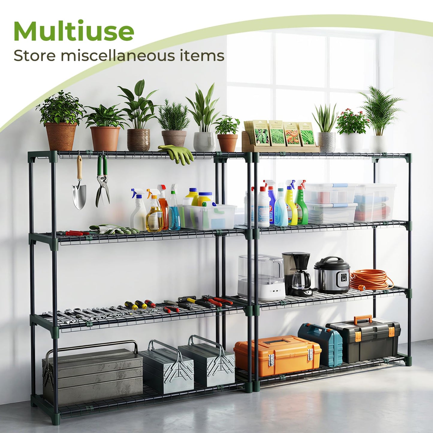 Ohuhu Plant Greenhouse Shelves 4 Tier 2 Pack Extra-Wide Stable Green House Shelving for Outdoor, 35x12x42 Inch Portable Rustproof Metal Shelf Plant Stand Rack Greenhouse Accessories