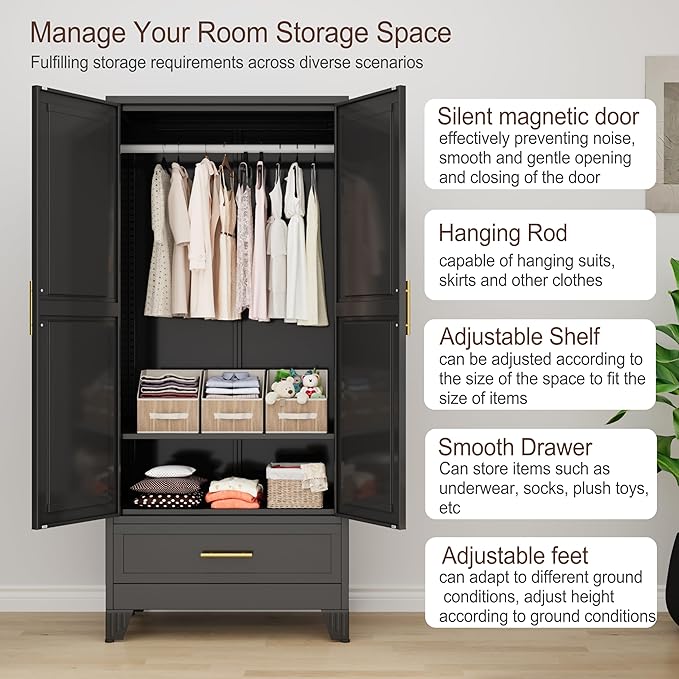 71"H Metal Tall Armoire Wardrobe Closet
