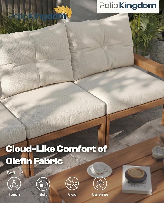 2-Piece Teak Patio Conversation Set, HDPE 3-Seat Sofa with Coffee Table, Teak Frame with Thick Beige Cushions, Outdoor Couch for Balcony