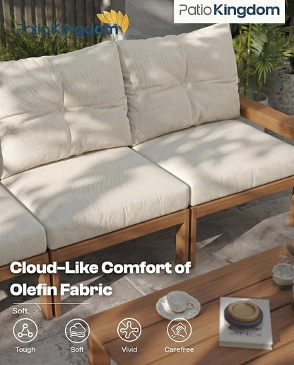 2-Piece Teak Patio Conversation Set, HDPE 3-Seat Sofa with Coffee Table, Teak Frame with Thick Beige Cushions, Outdoor Couch for Balcony