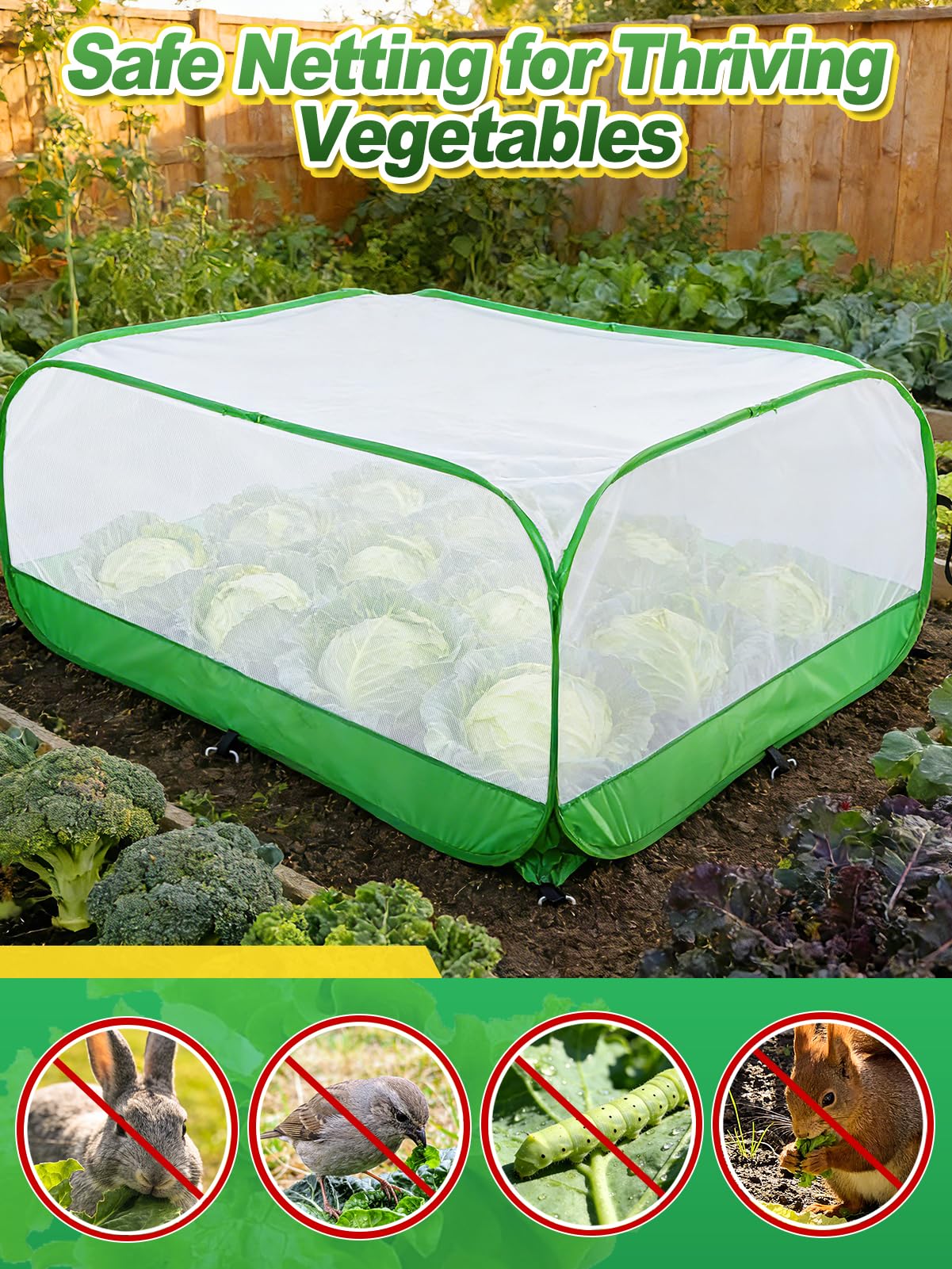 Pop Up Garden Netting for Square Raised Beds - 4'L x 4'W x 2'H Ultra Fine Mesh Net Plant Cover with 8 Stakes, Protection for Vegetables Fruit from Birds Pests