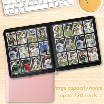 12 Pocket Ringless Side Loading Trading Card Binder, 720 Cards PU Fixed Page Zipper Card Album for TCG Sports Game Cards, Not Fit Top Loaders (Pink)