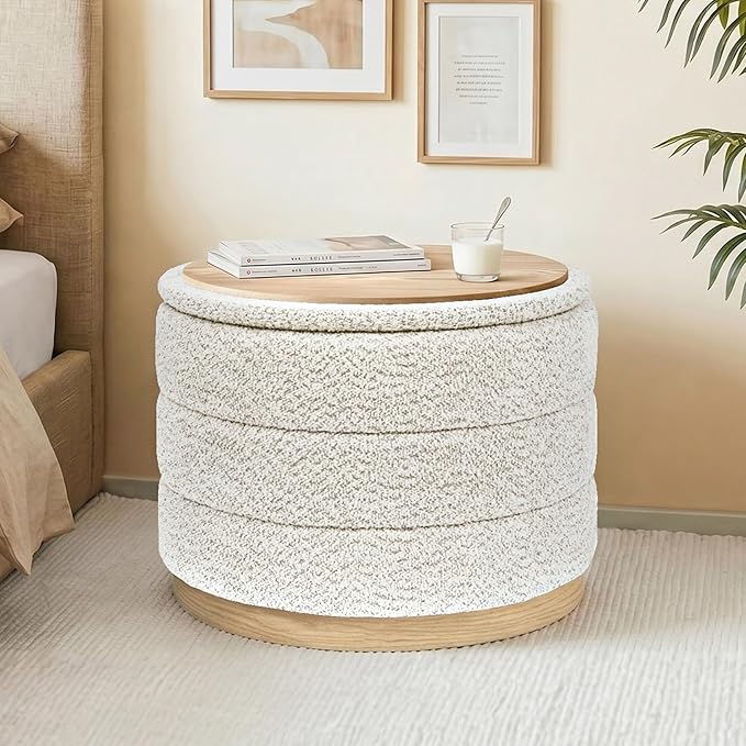 Round Storage Ottoman with Tray Lid, Folding Chenille Fabric Footrest with